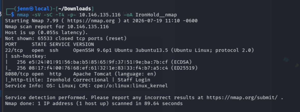 Nmap scan results showing open ports 8080 and 22